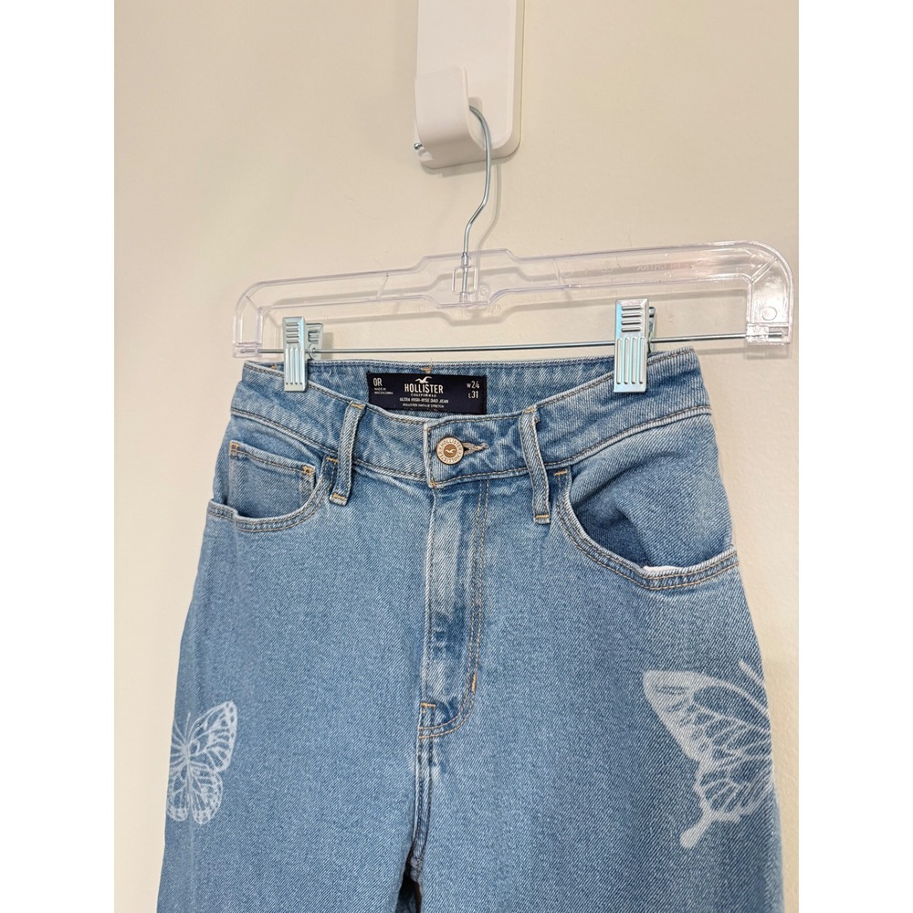 Hollister Ultra High-Rise Dad Jeans Light Wash Butterfly Print 0R Y2K - Picture 6 of 9
